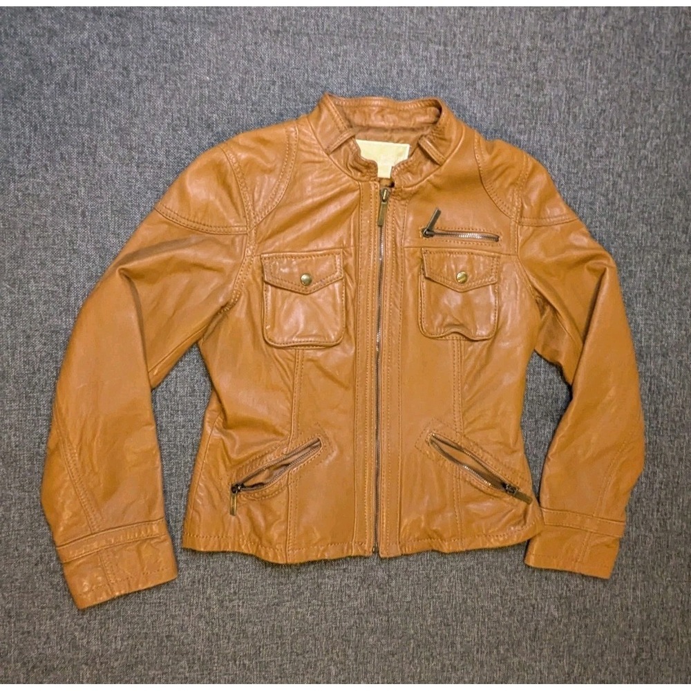 Michael Kors Women's Medium Camel Brown Faux Leather Jacket Stylish Full Zip